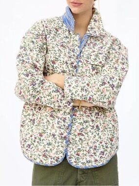 Clare V reversible Floral Quilted Cream Jacket with Blue Trim